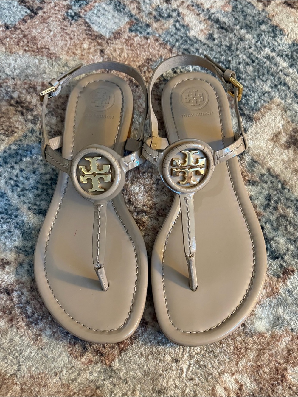 Tory Burch Nude Strappy Thong 6.5 patent leather